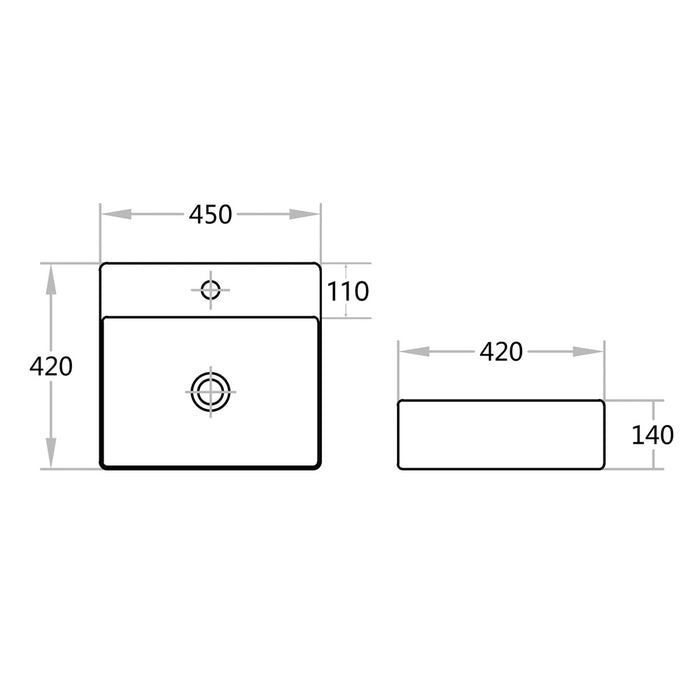 450*420*140mm Poseidon B4542 Ultra Slim Gloss White Ceramic Rectangle With Overflow 1 Tap Hole Wall Hung/Above Counter Basin