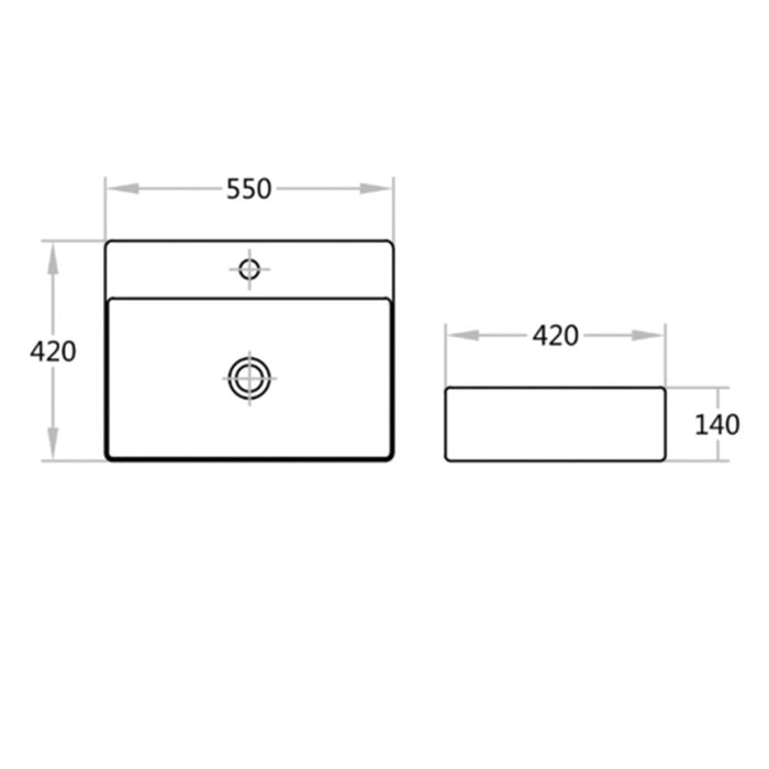 550*420*140mm Poseidon B5542 Ultra Slim Gloss White Ceramic Rectangle With Overflow 1 Tap Hole Wall Hung/Above Counter Basin