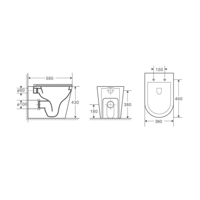 580*360*430mm Unicassa Berlin99 High Gloss White/Matt Black/Matt White Ceramic Rimless Tornado Wall Faced Toilet