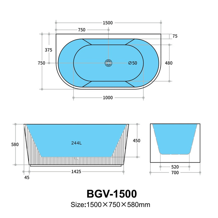 1500-1700*800*580mm Poseidon Ceto Bari Gloss White/Matt Black/Matt White Oval Acrylic Fluted Back To Wall Bathtub