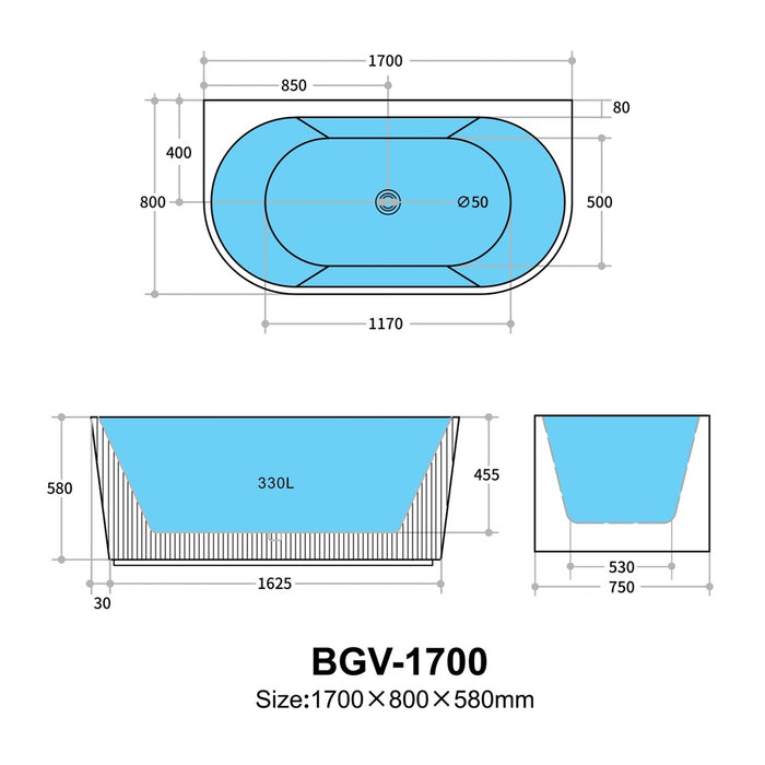 1500-1700*800*580mm Poseidon Ceto Bari Gloss White/Matt Black/Matt White Oval Acrylic Fluted Back To Wall Bathtub