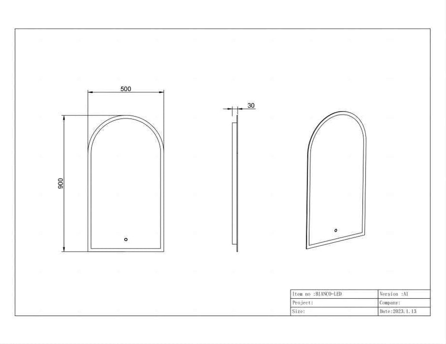 500*900*30mm Infinity Frameless/Black/Gold Glass Arch Dimmable Colour Pencil Edge LED Mirror
