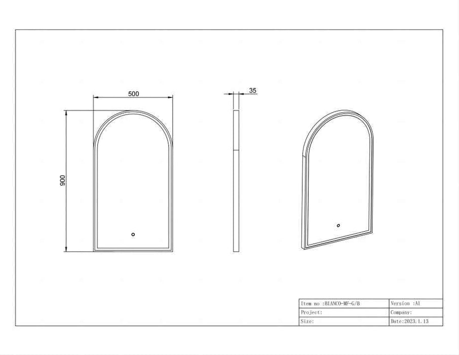 500*900*30mm Infinity Frameless/Black/Gold Glass Arch Dimmable Colour Pencil Edge LED Mirror
