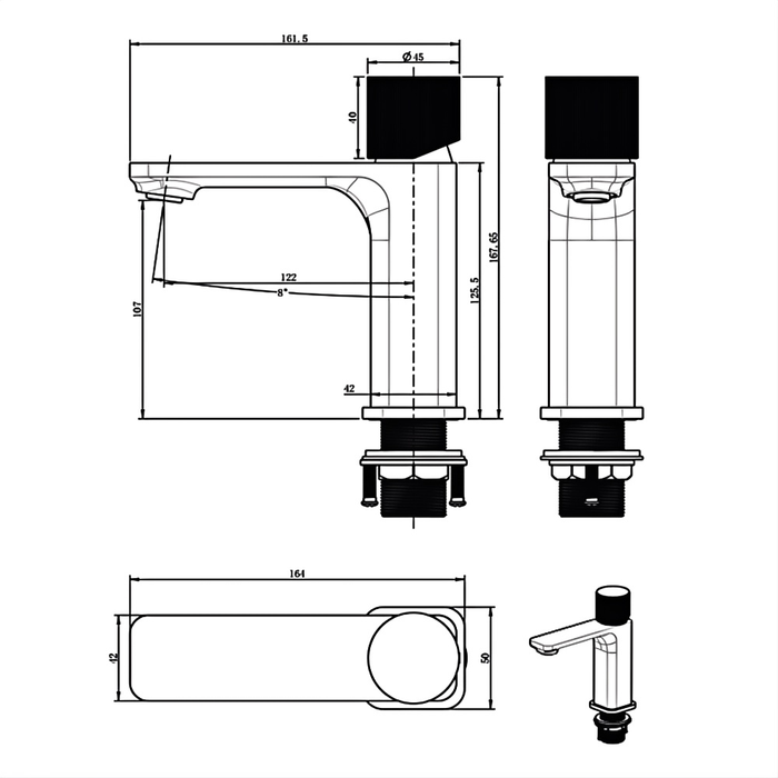 BK QI Kasten Chrome/Matt Black/Brushed Nickel/Gunmetal Grey Brass Square Short Basin Mixer