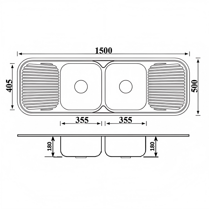 1500*500*180mm BK Traditionell 304 Stainless Steel Chrome Square Top Mount Double Bowls With Drainer Laundry Kitchen Sink