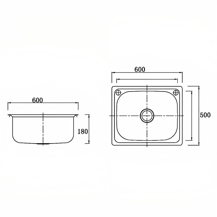 600*500*200mm BK Traditionell 45L 304 Stainless Steel Chrome Square Top Mount Single Bowl Laundry Kitchen Sink