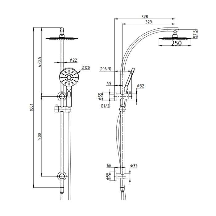 BK Rund Multifunction Shower With 250mm Overhead Rain Shower Twin Showers