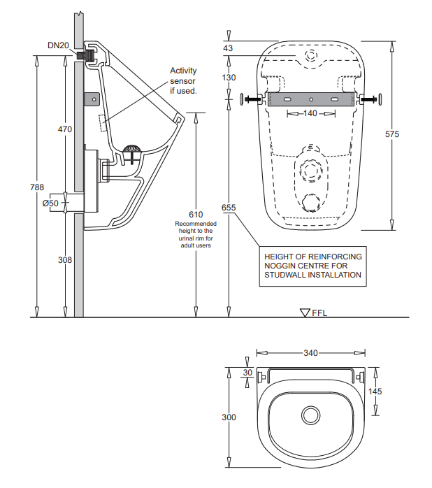 340*300*790mm Johnson Suisse Venezia White Ceramic Wall Hung Urinal - HD reno