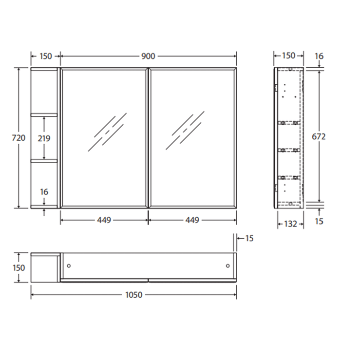 900*720*150mm Fienza Gloss White E1 MDF Board Copper-free Glass Rectangle Pencil/Bevel Edge Shaving Cabinet With Shelf