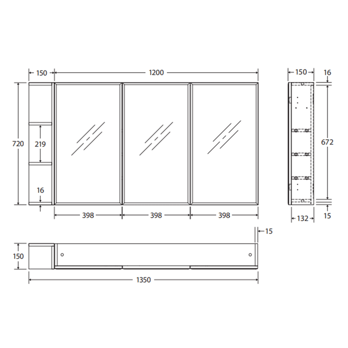 1200*720*150mm Fienza Gloss White E1 MDF Board Copper-free Glass Rectangle Pencil/Bevel Edge Shaving Cabinet With Shelf