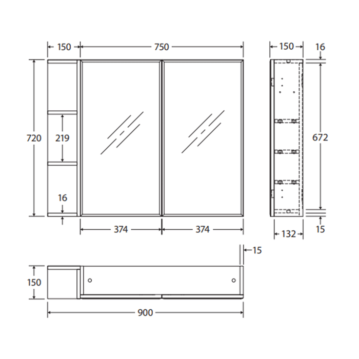 750*720*150mm Fienza Gloss White E1 MDF Board Copper-free Glass Rectangle Pencil/Bevel Edge Shaving Cabinet With Shelf