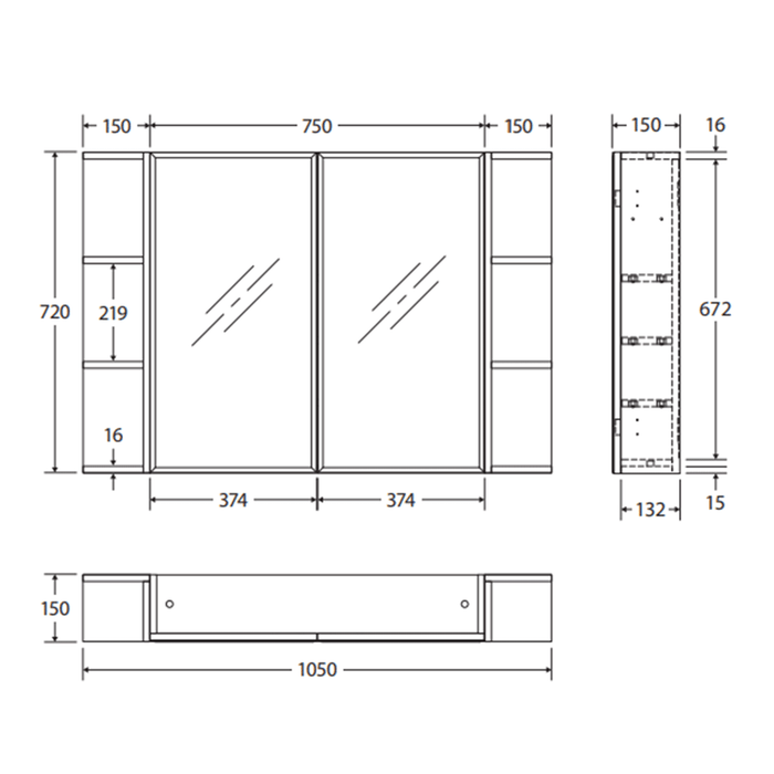 750*720*150mm Fienza Gloss White E1 MDF Board Copper-free Glass Rectangle Pencil/Bevel Edge Shaving Cabinet With Shelf