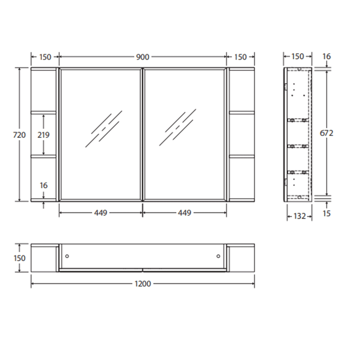 900*720*150mm Fienza Gloss White E1 MDF Board Copper-free Glass Rectangle Pencil/Bevel Edge Shaving Cabinet With Shelf
