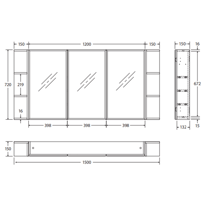 1200*720*150mm Fienza Gloss White E1 MDF Board Copper-free Glass Rectangle Pencil/Bevel Edge Shaving Cabinet With Shelf
