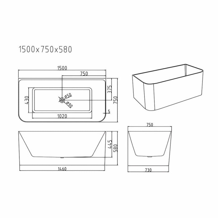 1500/1700*800*580mm Mercio Bullion Ultra-Thin Back-to-Wall Bathtub