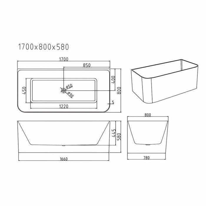 1500/1700*800*580mm Mercio Bullion Ultra-Thin Back-to-Wall Bathtub
