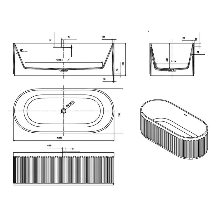 1700*750*550mm Poseidon CETO Cascade Matt White Oval Solid Surface Stone With Overflow Fluted Freestanding Bathtub
