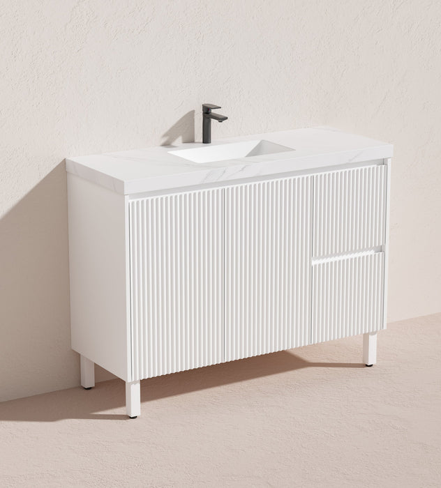 1200*455*860mm POS Brighton Matt White PVC Constructed Fluted Bathroom Vanity With Legs/Kickboard - Right Hand Drawer - HD reno