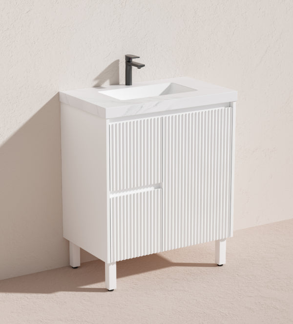 750*455*860mm POS Brighton Matt White PVC Constructed Fluted Bathroom Vanity With Legs/Kickboard - Left Hand Drawer - HD reno
