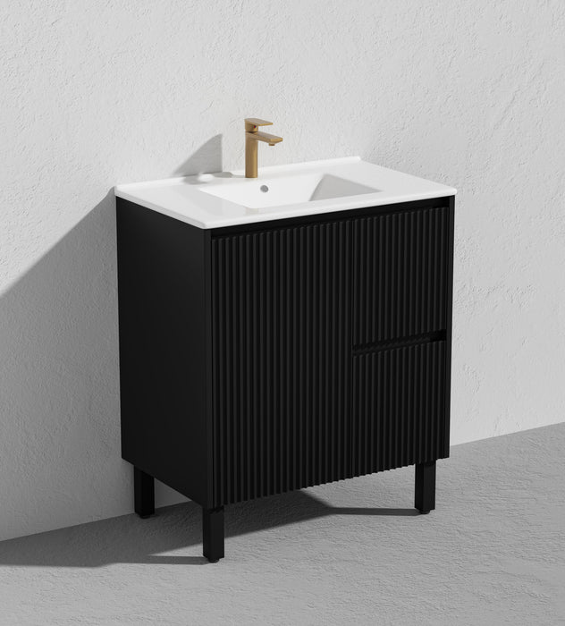 750*455*860mm POS Brighton Matt Black PVC Constructed Fluted Bathroom Vanity With Legs/Kickboard - Right Hand Drawer - HD reno