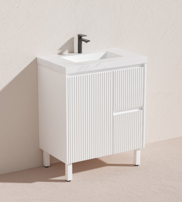 750*455*860mm POS Brighton Matt White PVC Constructed Fluted Bathroom Vanity With Legs/Kickboard - Right Hand Drawer - HD reno