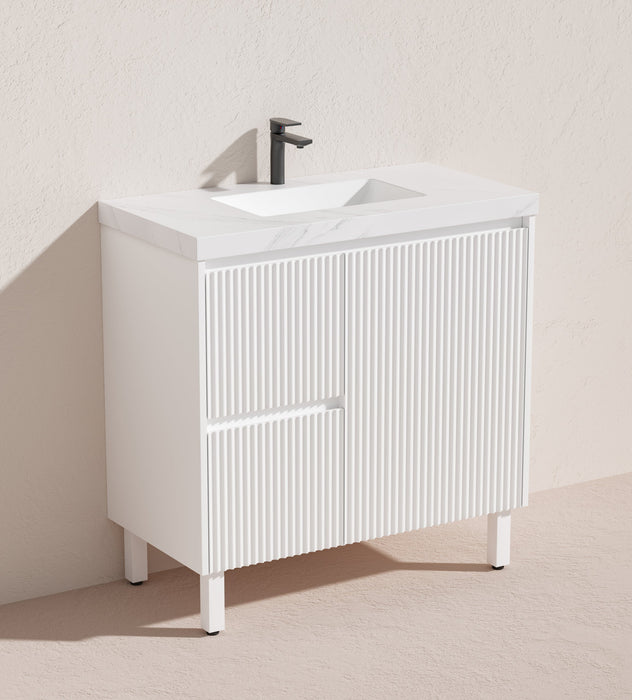 900*455*860mm POS Brighton Matt White PVC Constructed  Fluted Bathroom Vanity With Legs/Kickboard - Left Hand Drawer - HD reno