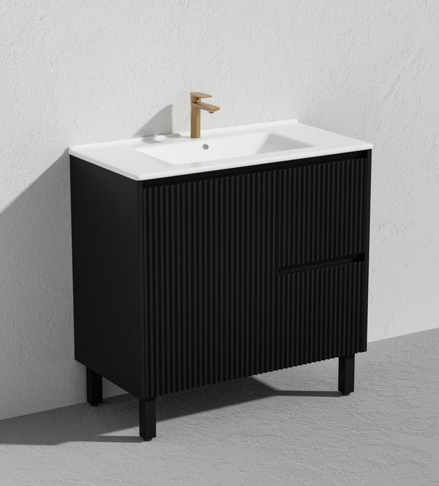900*455*860mm POS Brighton Matt Black PVC Constructed Fluted Bathroom Vanity With Legs/Kickboard - Right Hand Drawer - HD reno