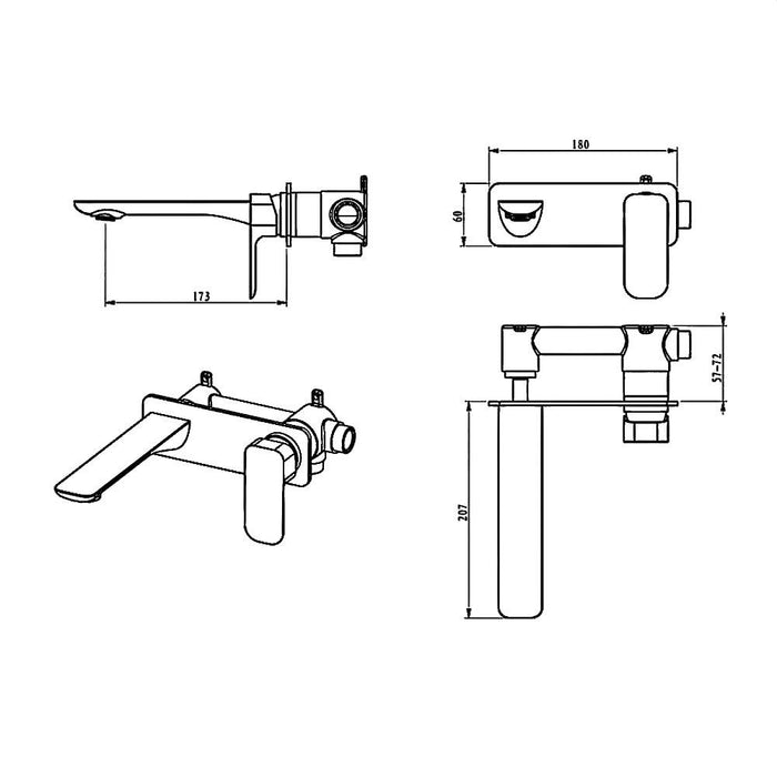 180mm Otti Oskar Electroplated PVD Square Wall Basin Mixer