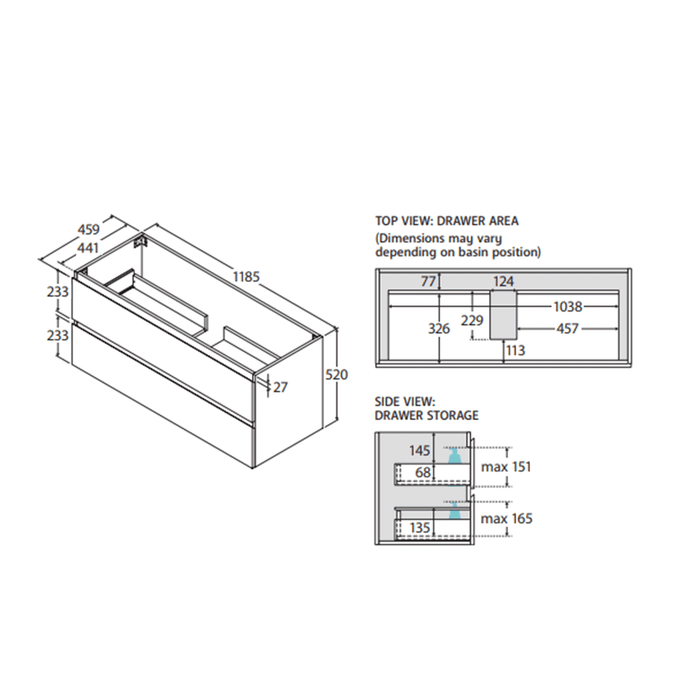 600-1800*460*520mm All drawer Wall Hung Vanity