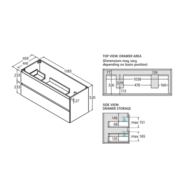600-1800*460*520mm All drawer Wall Hung Vanity