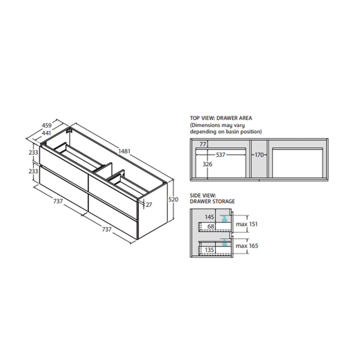 600-1800*460*520mm All drawer Wall Hung Vanity