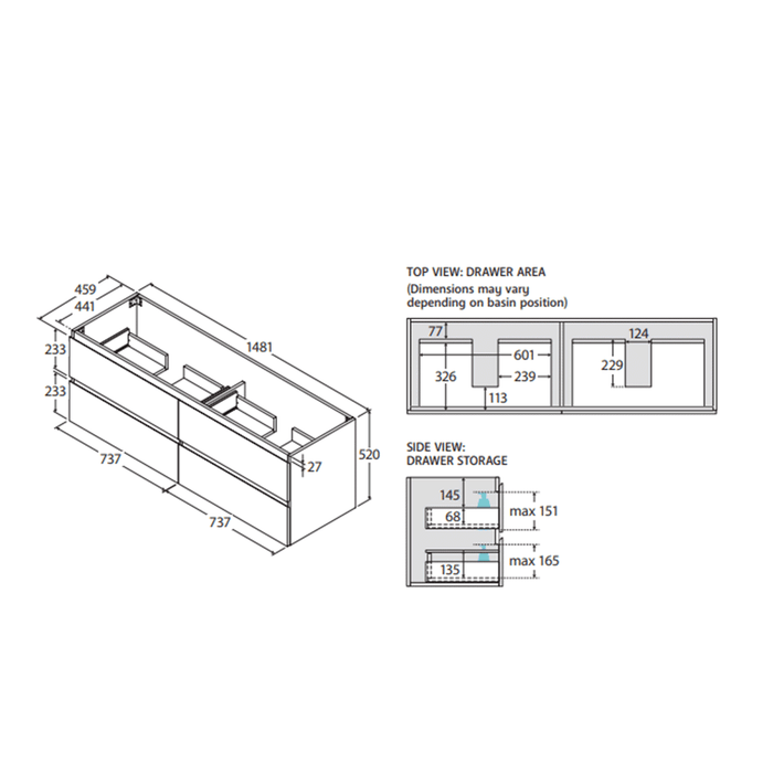 600-1800*460*520mm All drawer Wall Hung Vanity