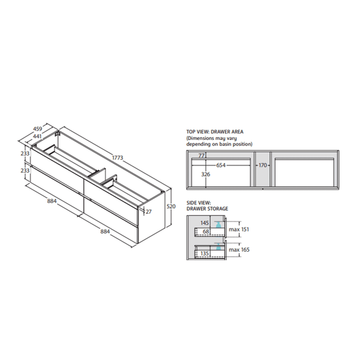 600-1800*460*520mm All drawer Wall Hung Vanity