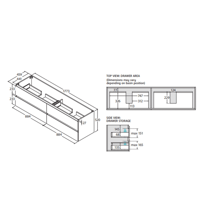 600-1800*460*520mm All drawer Wall Hung Vanity