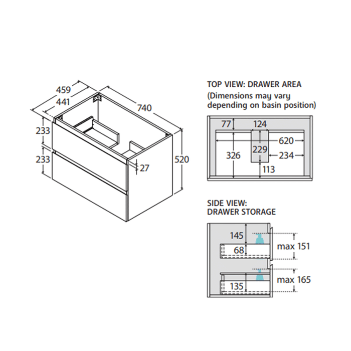 600-1800*460*520mm All drawer Wall Hung Vanity