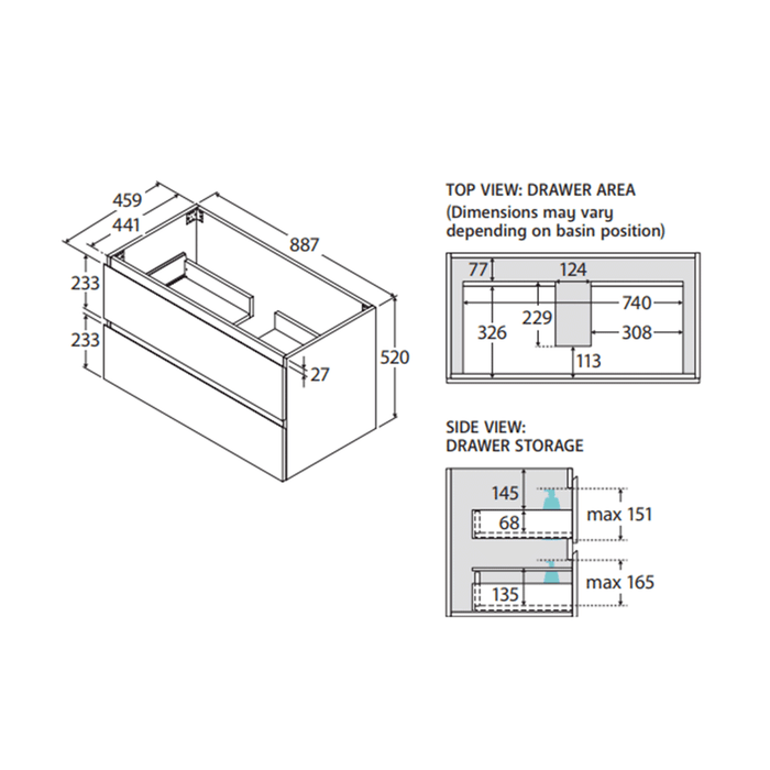 600-1800*460*520mm All drawer Wall Hung Vanity