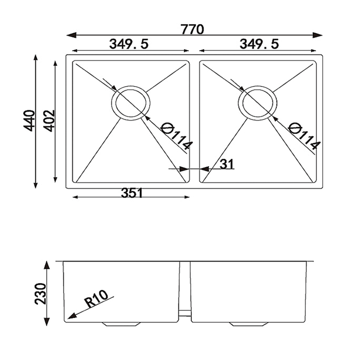 770*440*230mm ACA 304 Stainless Steel Double Bowls Top/Undermount Kitchen/Laundry Sink