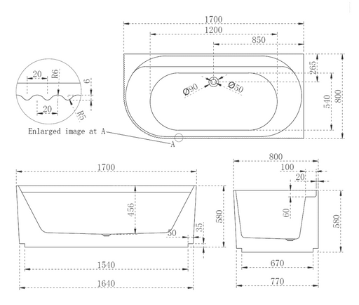 1700*800*580mm Cee Jay Pavilion Matt White Oval Acrylic Fluted Right Hand Corner Bathtub - HD reno