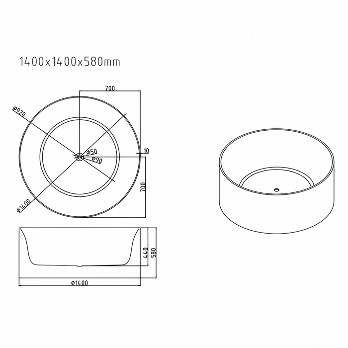 1400*1400*580mm Mercio Cole Gloss White Round Freestanding Bathtub
