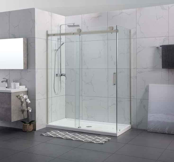 1180-2000x2000mm L Shape Sliding Frameless Brushed Nickel Square Rail Handle 10mm Glass Shower Screens