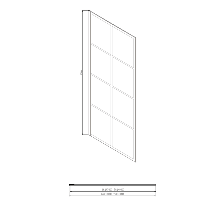 700/800mm 8mm Glass Covey Black Framed Silk Printed Grills Fixed Bathtub Shower Screens - 1500mm Height