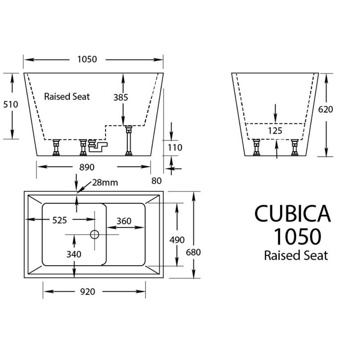 CUBICA 980/1050/1200/1400/1500/1700mm White Acrylic Freestanding Bathtub