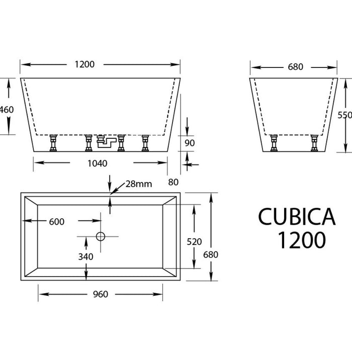 CUBICA 980/1050/1200/1400/1500/1700mm White Acrylic Freestanding Bathtub