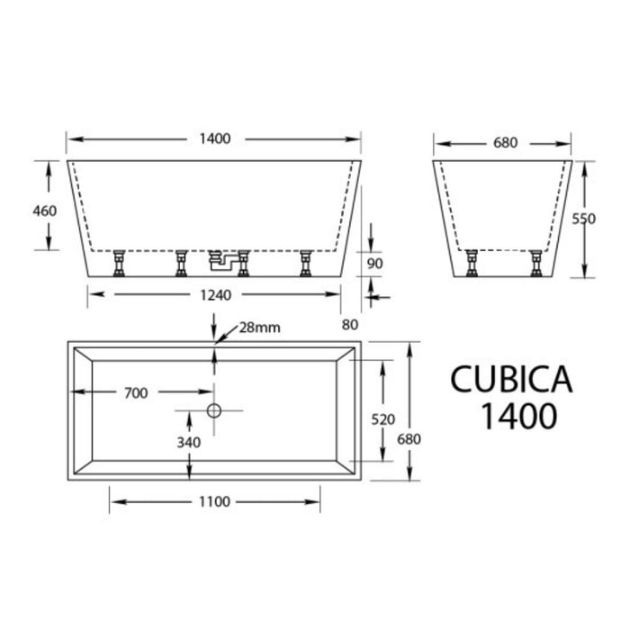 CUBICA 980/1050/1200/1400/1500/1700mm White Acrylic Freestanding Bathtub