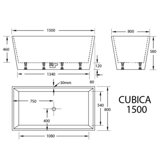 CUBICA 980/1050/1200/1400/1500/1700mm White Acrylic Freestanding Bathtub