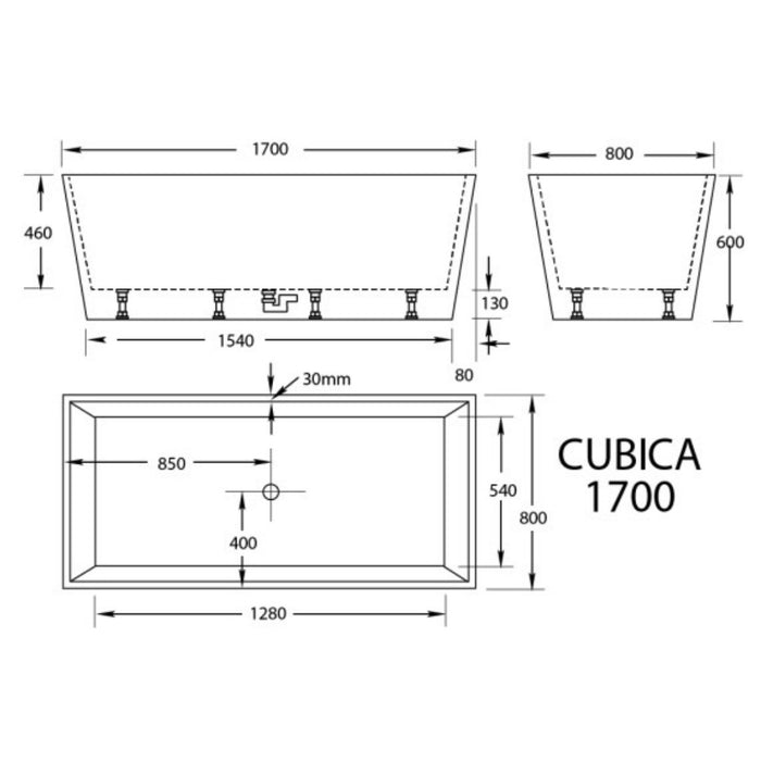 CUBICA 980/1050/1200/1400/1500/1700mm White Acrylic Freestanding Bathtub
