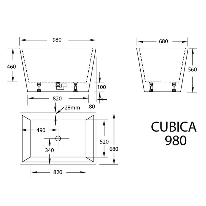 CUBICA 980/1050/1200/1400/1500/1700mm White Acrylic Freestanding Bathtub