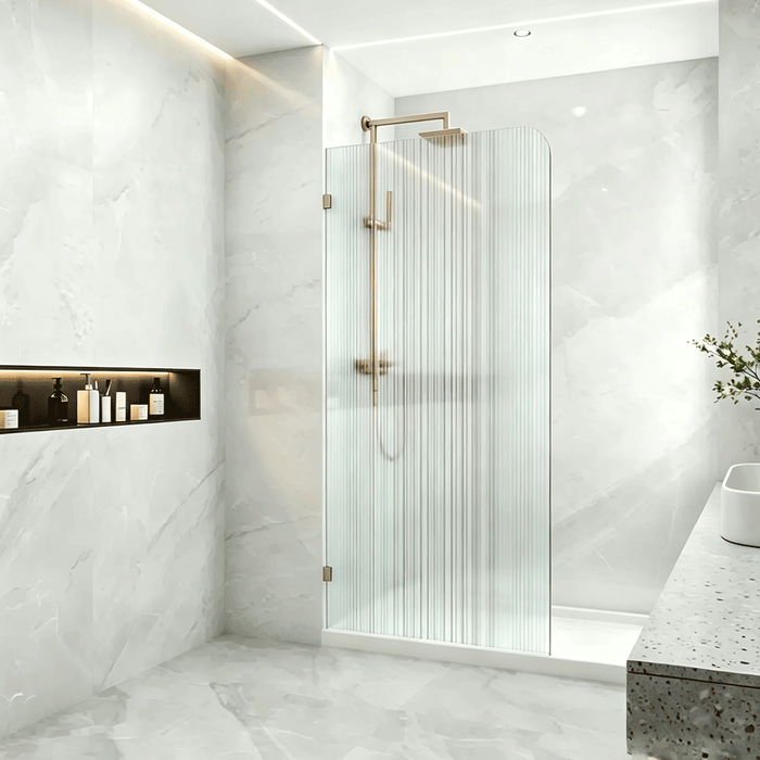 800-1200mm 10mm Fluted Glass Covey Frameless Walk-in Corner Curved Single Panel Shower Screens - 2100mm Height