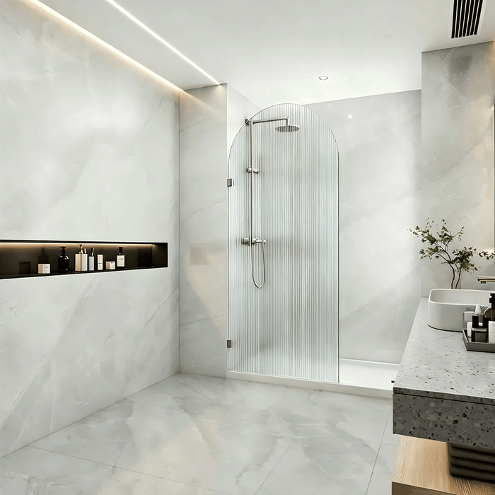 700-1000mm 10mm Fluted Glass Covey Frameless Arch Top Walk-In Single Panel Shower Screen - 2200mm Height