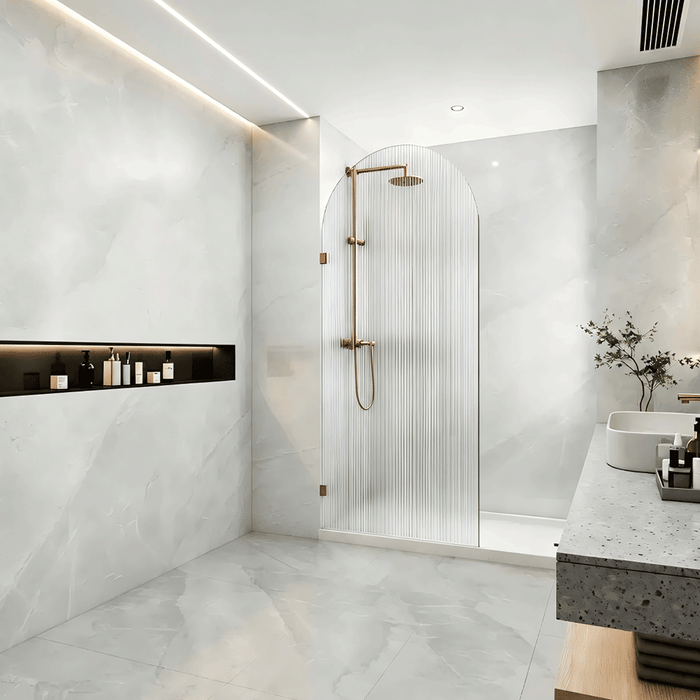 700-1000mm 10mm Fluted Glass Covey Frameless Arch Top Walk-In Single Panel Shower Screen - 2200mm Height